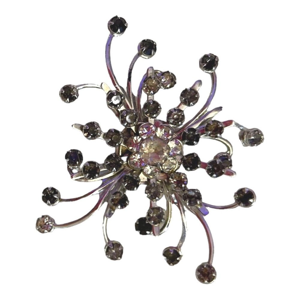 VINTAGE Fancy 2 1/2” grey and diamond Rhinestones Brooch Pin Mid Century